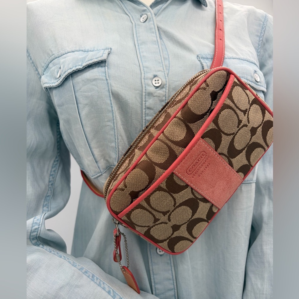 COACH Signature Canvas and  Pink Suede,
 Fanny Pack Waist Bum Bag M/L